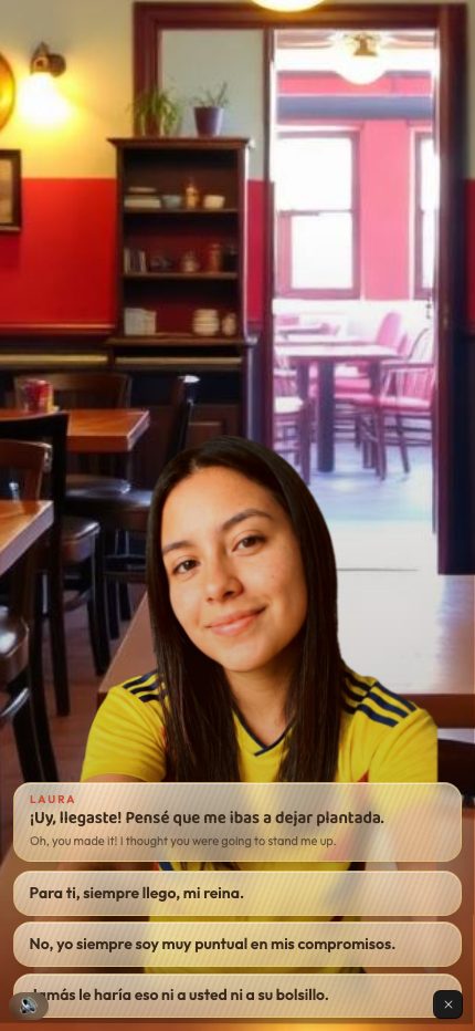 Real gameplay: Laura at a Bogotá café, with three Spanish dialogue choices on screen