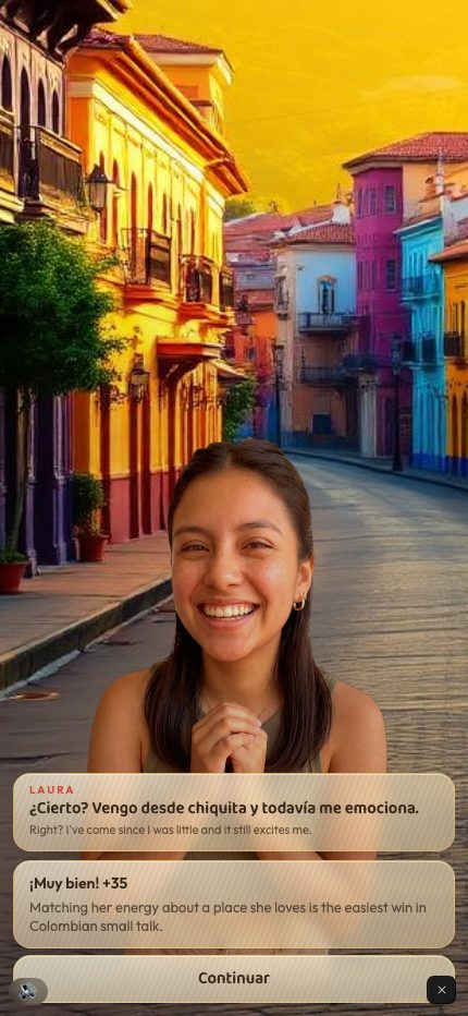 Guatapé's colorful streets, with a +35 trust reward for matching Laura's energy