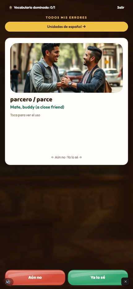 La Biblioteca mistake-review screen, showing the Colombian slang term parcero/parce as a flashcard
