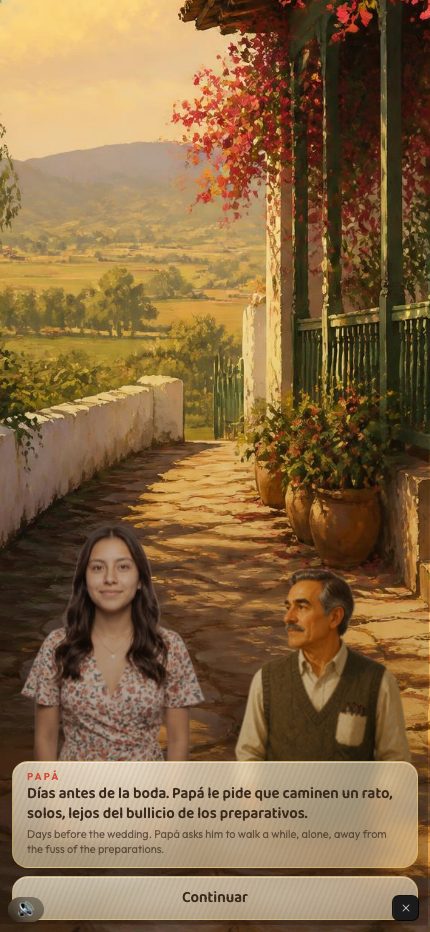 Laura walking with her father through the countryside, days before the wedding