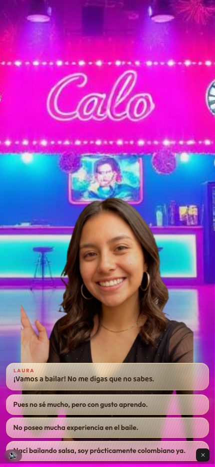 Salsa night at Calo: Laura asking you to dance, with three Spanish reply options