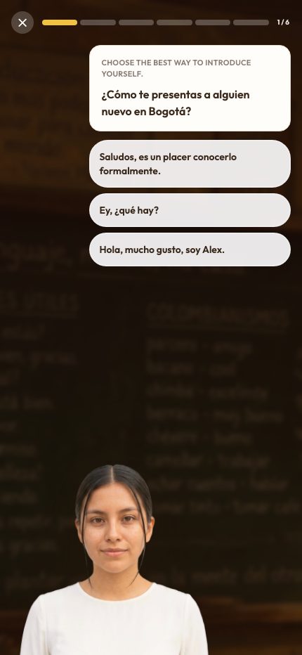A real course exercise: 'How do you introduce yourself to someone new in Bogotá?' with three answer options